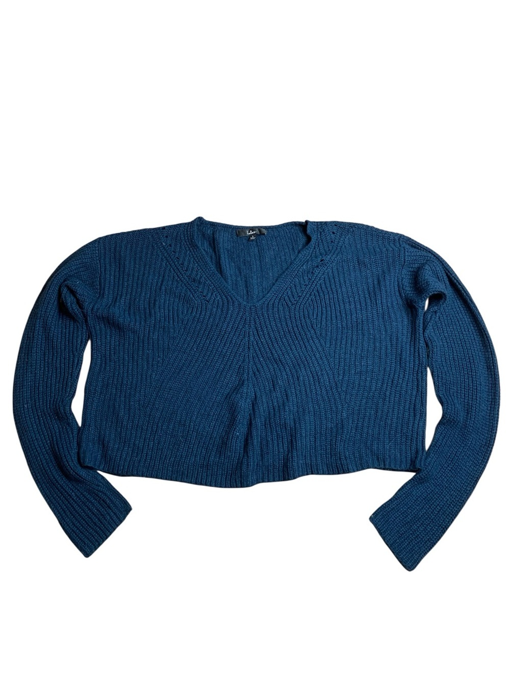 Lulus Navy Blue V-Neck Cropped Knit Sweater – Size Large